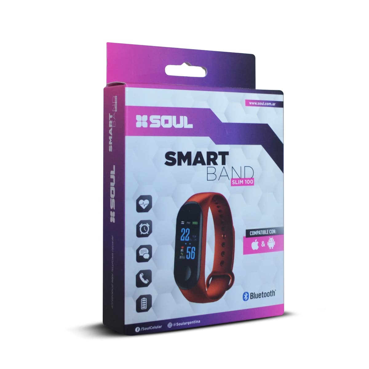 Reloj Smartband - SLIM 100 - SOUL de Fomo Argentina - La Smartband Slim 100 Soul es una pulsera inteligente económica y funcional, ideal para monitorear actividades diarias. Cuenta con una pantalla HD de 0.96", y permite monitorear frecuencia cardíaca, presión arterial, pasos, calorías y sueño. Su batería de 90 mAh ofrece hasta 2-3 días de uso y hasta 10-15 días en reposo. Se carga directamente por USB, sin necesidad de cargador adicional. Es compatible con dispositivos Android e iOS, y tiene funciones como alertas de llamadas, mensajes y sedentarismo. A pesar de ser sencilla, es una opción accesible para quienes buscan un monitoreo básico de salud.